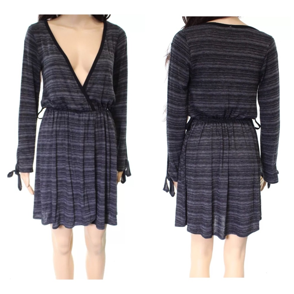 NWT GO COUTURE Gray Striped L/S Wrap Dress